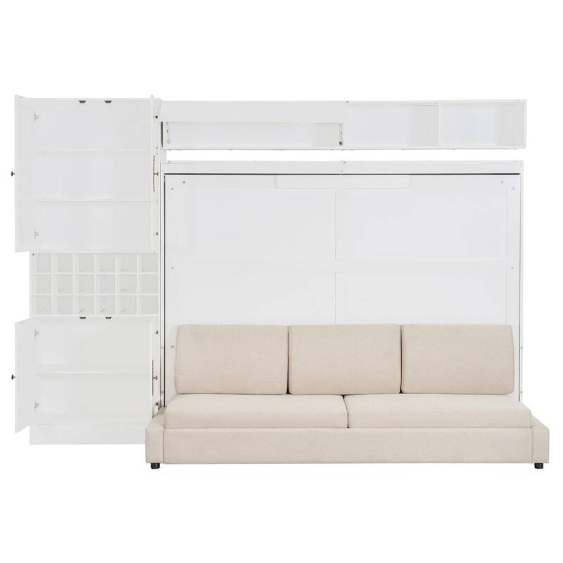 Full/Queen Size Murphy Bed Wall Bed with Sofa, Light and USB Charging, Foldable Murphy Cabinet Bed w/ Storage Shelves & Cabinets