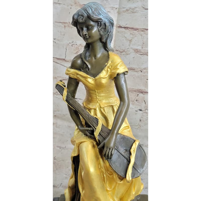 Vintage Banjo Playing Sitting Woman Sculpture Bronze Statue Figurine By Kossowski
