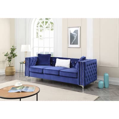 Blue Velvet Sofa with Tufted Design and Chromed Steel Legs