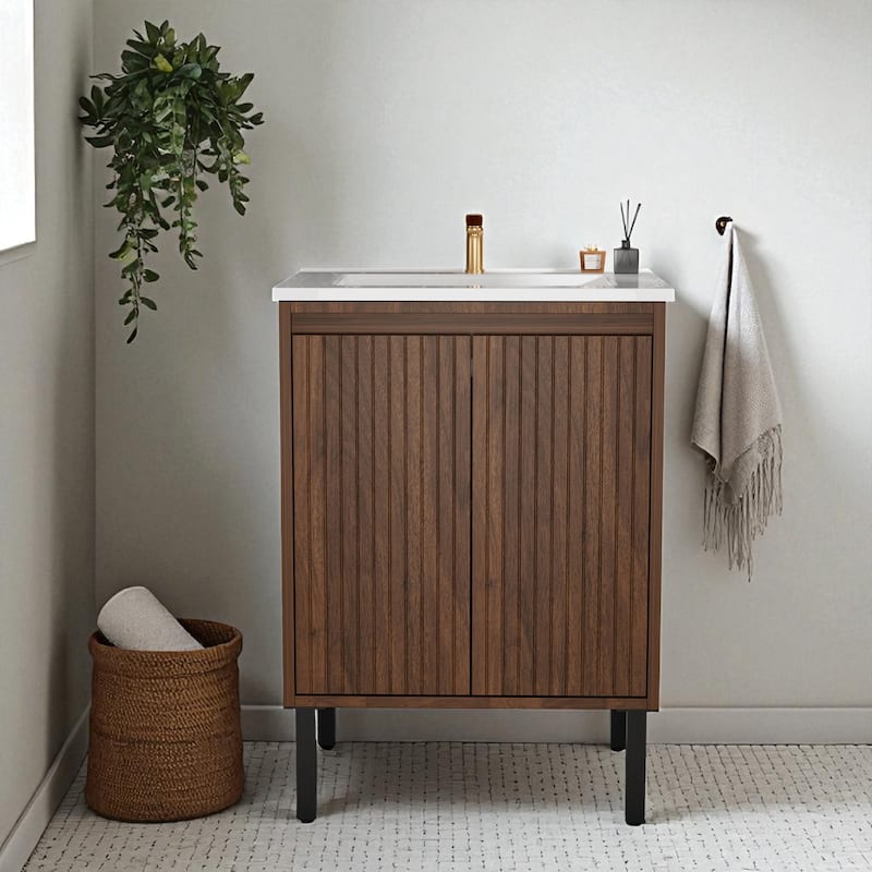 24 Inch Bathroom Vanity with Sink, Floor Standing MDF Cabinet with Soft-Close Drawers and Modern Design - Walnut