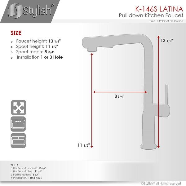 dimension image slide 5 of 8, STYLISH Kitchen Sink Faucet Single Handle Pull Down Dual Mode in Stainless Steel