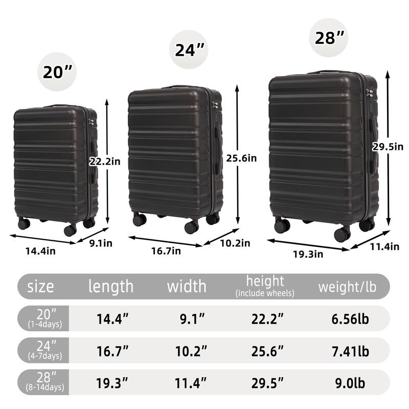 3 pcs/set in ABS Spinner Wheel Luggage, Carry on Suitcase, Matching Color, Combination Lock (Purple)