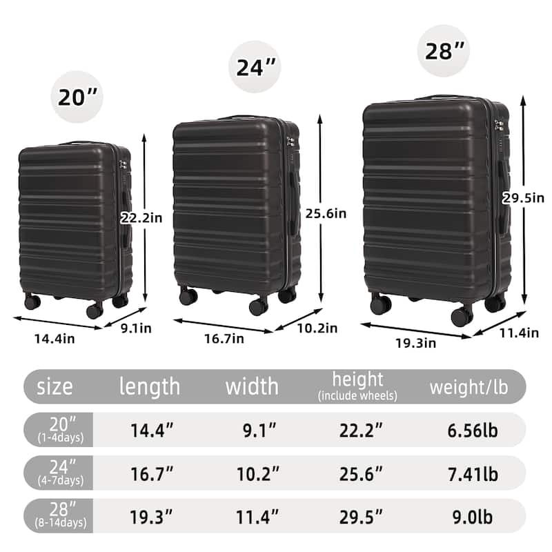 Lightweight Luggage with Spinner Wheels, 3 Piece Travel Suitcase ABS+PC Hardshell Luggage Set with Combination Lock, 20"/24"/28"