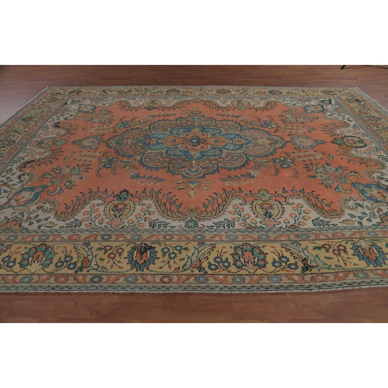Hand Knotted Oriental 100% Wool Carpet Traditional Geometric Coral Tabriz Area Rug - 12' 7'' X 9' 7''