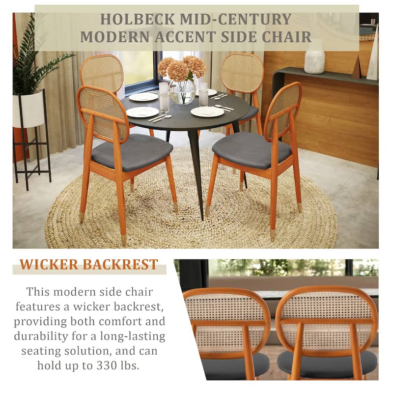 Holbeck Modern Rattan Leather Upholstered Dining Chair with Plush Padding Beech Wood Legs for Stylish Homes Set of 2