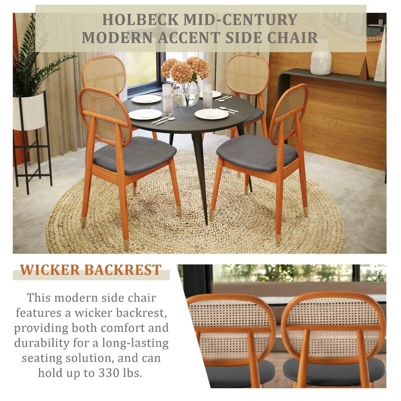 Holbeck Modern Rattan Leather Upholstered Dining Chair with Plush Padding Beech Wood Legs for Stylish Homes