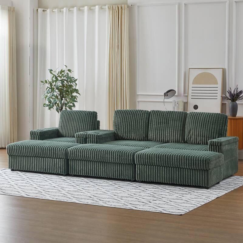 Anmytek Corduroy 3-Seater Deep Seat Sofa & Single Recliner With Cup-Holding Grooves