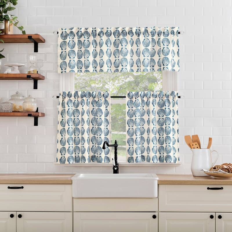 No. 918 Sandbar 2-Piece Tonal Seashell Print Semi-Sheer Rod Pocket Kitchen Curtain Tier Pair