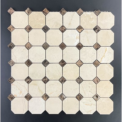 Cream Marfil 2" Octagon with Brown Dot Marble Mosaic Tiles - Case (10 Sheets)
