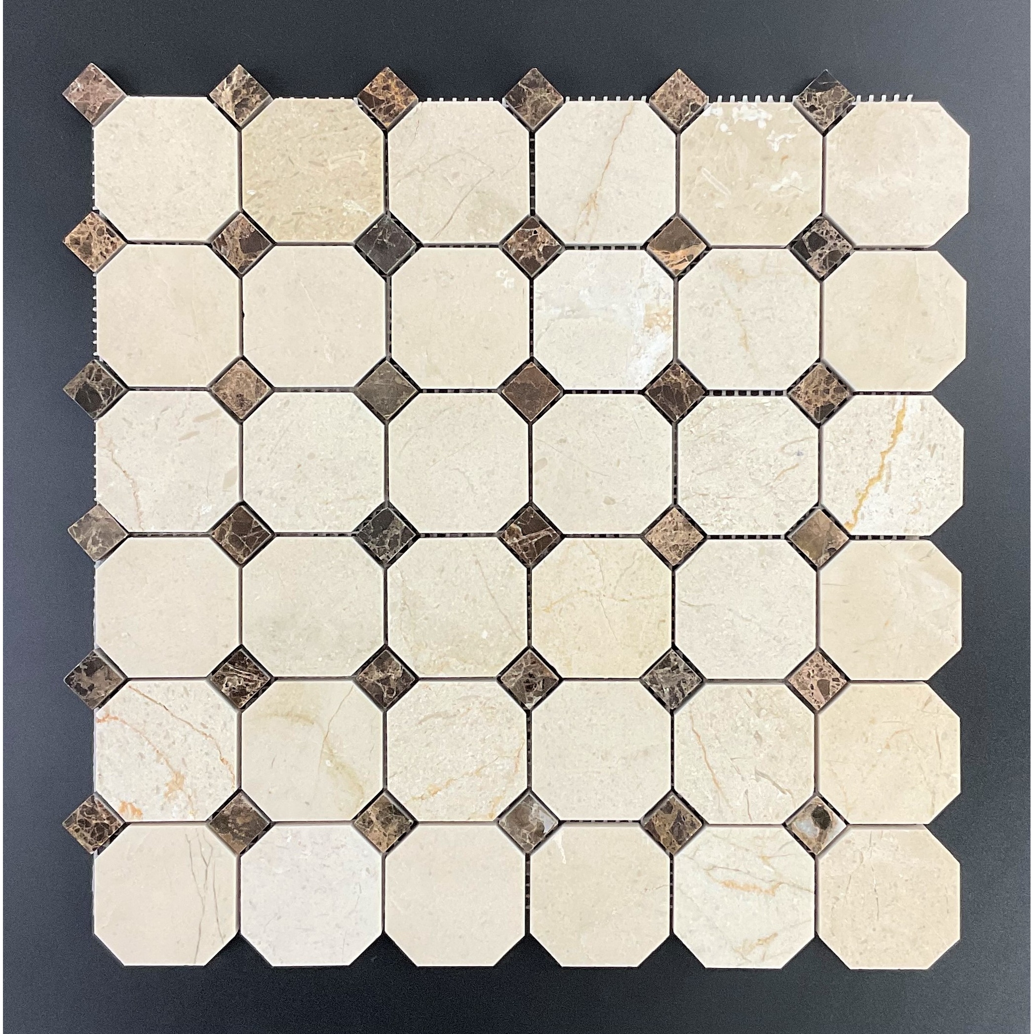 Cream Marfil 2" Octagon with Brown Dot Marble Mosaic Tiles - Case (10 Sheets)