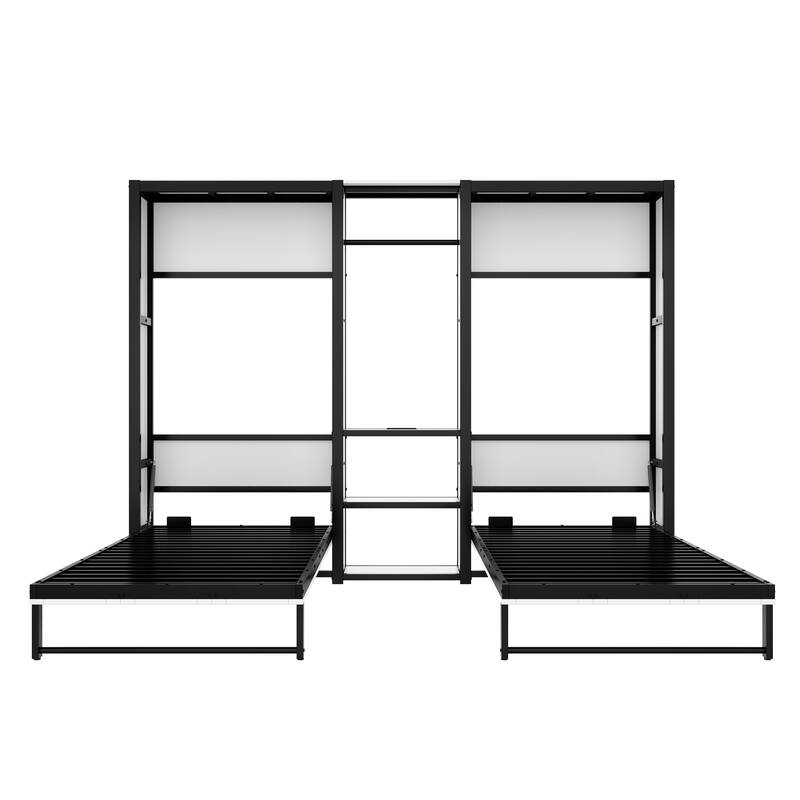 Twin Size Double Murphy Bed Wall Bed, Wooden Foldable Murphy Bed Frame with Wardrobe, Shelves and Charging Station