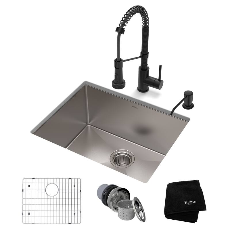 Kraus 3-in-1 Set Undermount Kitchen Sink, Pulldown Faucet, Dispenser - Matte Black