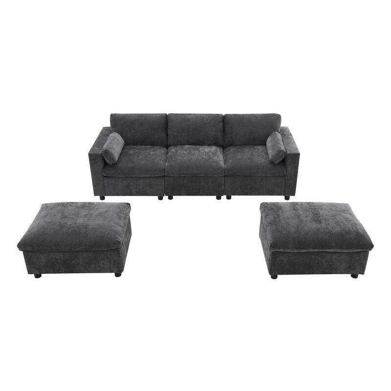Roomfitters 86.5" Chenille Modular Sectional Sofa, Storage Pockets, 5 Seat U-Shaped Couch with Pillows & 2 Ottomans