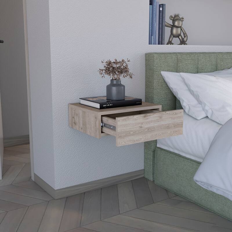 Modern Wall-Mounted Bedside Shelf with Drawer, Light Gray