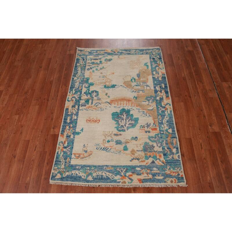 Hand Knotted Oriental 100% Wool Carpet Traditional Pictorial Beige & Ivories Art Deco Area Rug - 4' 9'' X 3' 3''