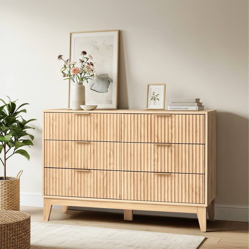 EROMMY Fluted 6-Drawer Dresser – Mid Century Modern Wide Chest with Metal Handles for Bedroom & Living Room