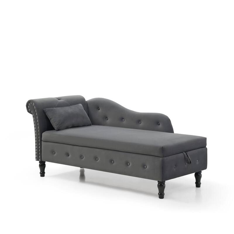 Modern 60" Velvet Upholstered Buttons Tufted Chaise Lounge Chair with Solid Wood Legs and Storage
