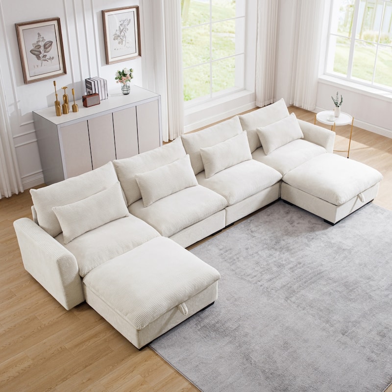 Corduroy Reversible Modular Sectional Sofa with 2 Storage Ottomans and 4 Waist Pillows