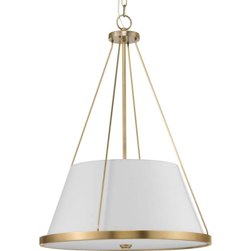 Saffert Collection Three-Light New Traditional Vintage Brass White Linen Glass Pendant Light - 22 in x 22 in x 30 in - 22 in x 22 in x 30 in
