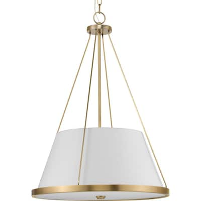 Saffert Collection Three-Light New Traditional Vintage Brass White Linen Glass Pendant Light - 22 in x 22 in x 30 in