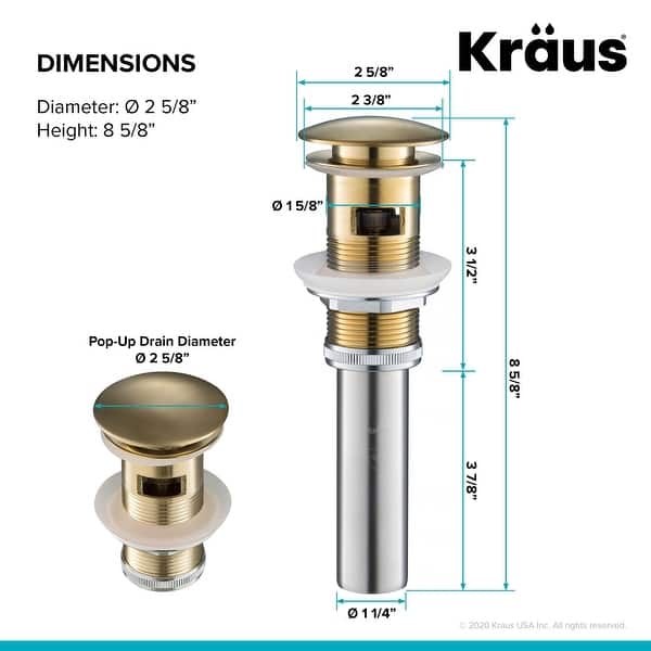dimension image slide 3 of 5, KRAUS Pop-Up Drain w Overflow, Bathroom Sink, Chrome, Nickel