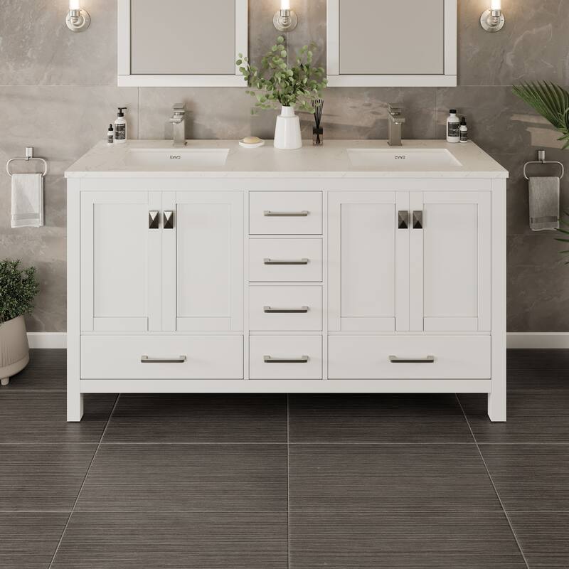 Eviva London 60"W x 21"D White Double Sink Bathroom Vanity with Carrara Quartz Countertop and Undermount Porcelain Sink - 60"