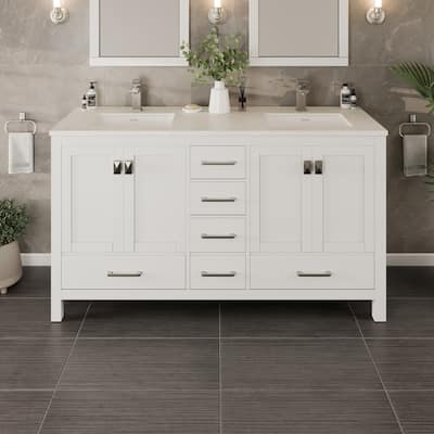 Eviva London 60"W x 21"D White Double Sink Bathroom Vanity with Carrara Quartz Countertop and Undermount Porcelain Sink - 60"