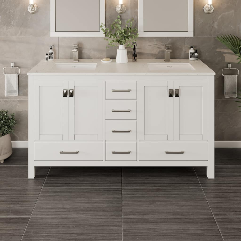 Eviva London 60"W x 21"D White Double Sink Bathroom Vanity with Carrara Quartz Countertop and Undermount Porcelain Sink - 60"