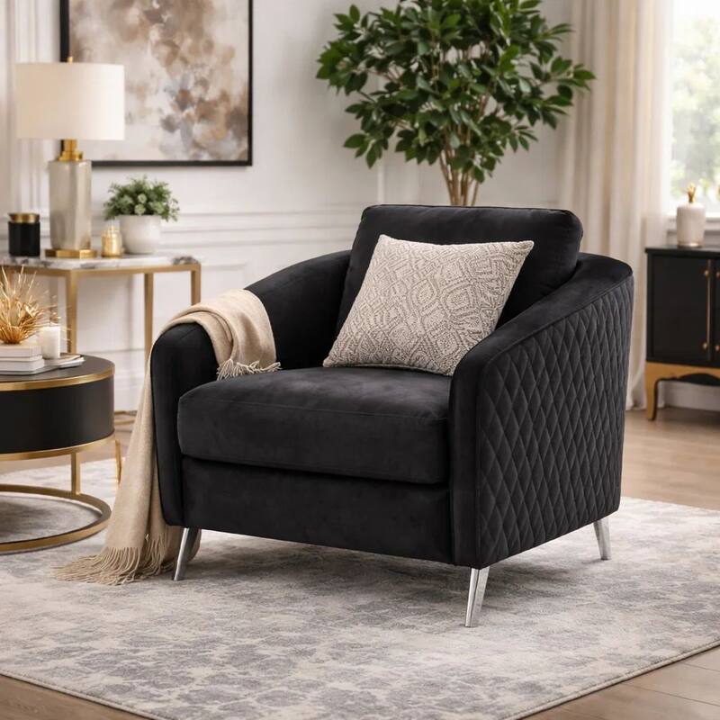 Hida 36 Inch Modern Accent Armchair, Crisp Diamond Stitching, Black Velvet