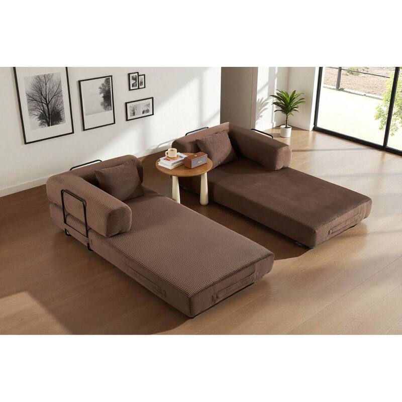 Convertible Corduroy Sleeper Sofa Bed, 4-in-1 Folding Mattress Couch with Cylindrical Pillow & Fixed-Shape Frame, No-Assembly
