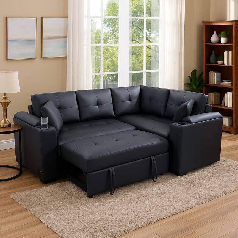 Nov Sectional Sleeper Sofa, 2 Pillows, USB Charger, Black Faux Leather