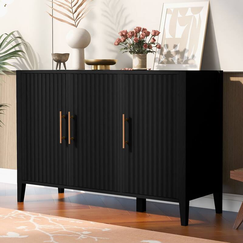 Stylish 3-Door Sideboard Buffet Cabinet with Vertical Pattern & Metal Handles for Hallway & Living Room