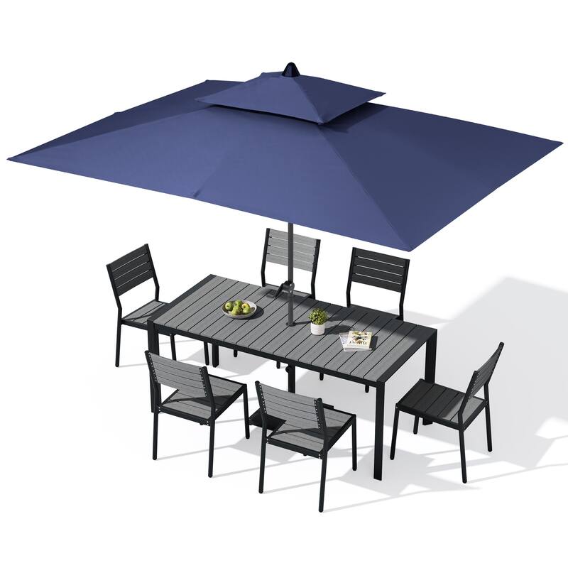 9/11-Piece Outdoor Dining Set w/10 ft Umbrella and Base Aluminum Dining Table and Stackable Chairs