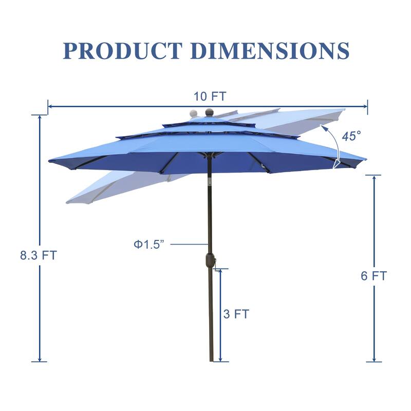 Aoodor Patio Umbrella 10 ft. for Dining Table Outdoor Market Yard Use 3 Tier Ventilation (Umbrella only)