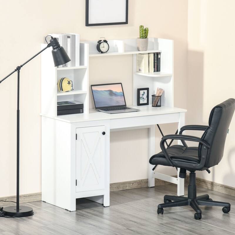 Farmhouse Computer Desk with Hutch and Cabinet, Home office Desk with Storage, for Study, White