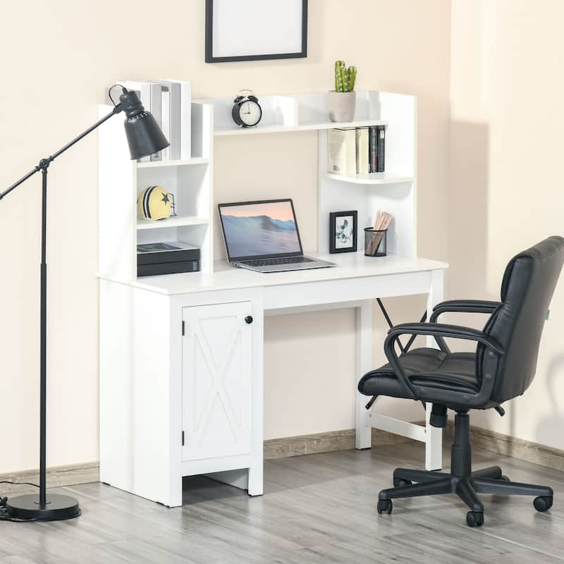 Farmhouse Writing Computer Office Desk with Hutch and Barn Style Door for Study Room and Bedroom or Home Office - White