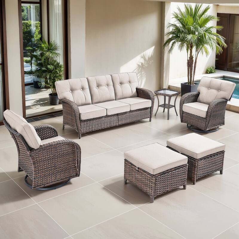 Gymojoy 6-Piece Outdoor Wicker Patio Furniture Set, 5" Thick Cushioned Rattan Set with Swivel Chairs & Ottomans
