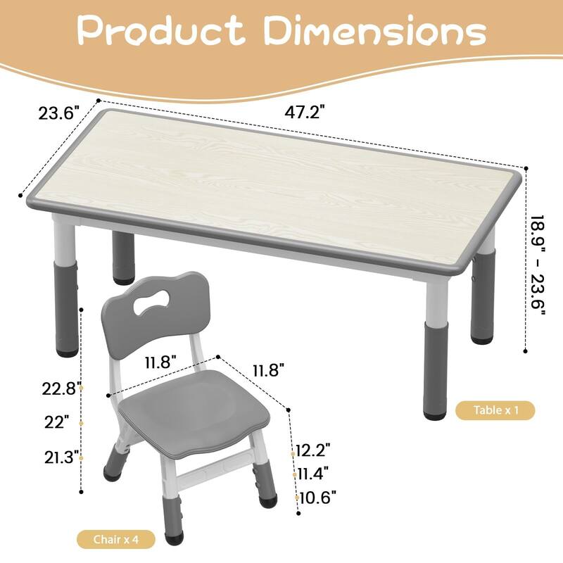 Kids Table and Chair Set, Height Adjustable Toddler Table and 4 Chairs Set