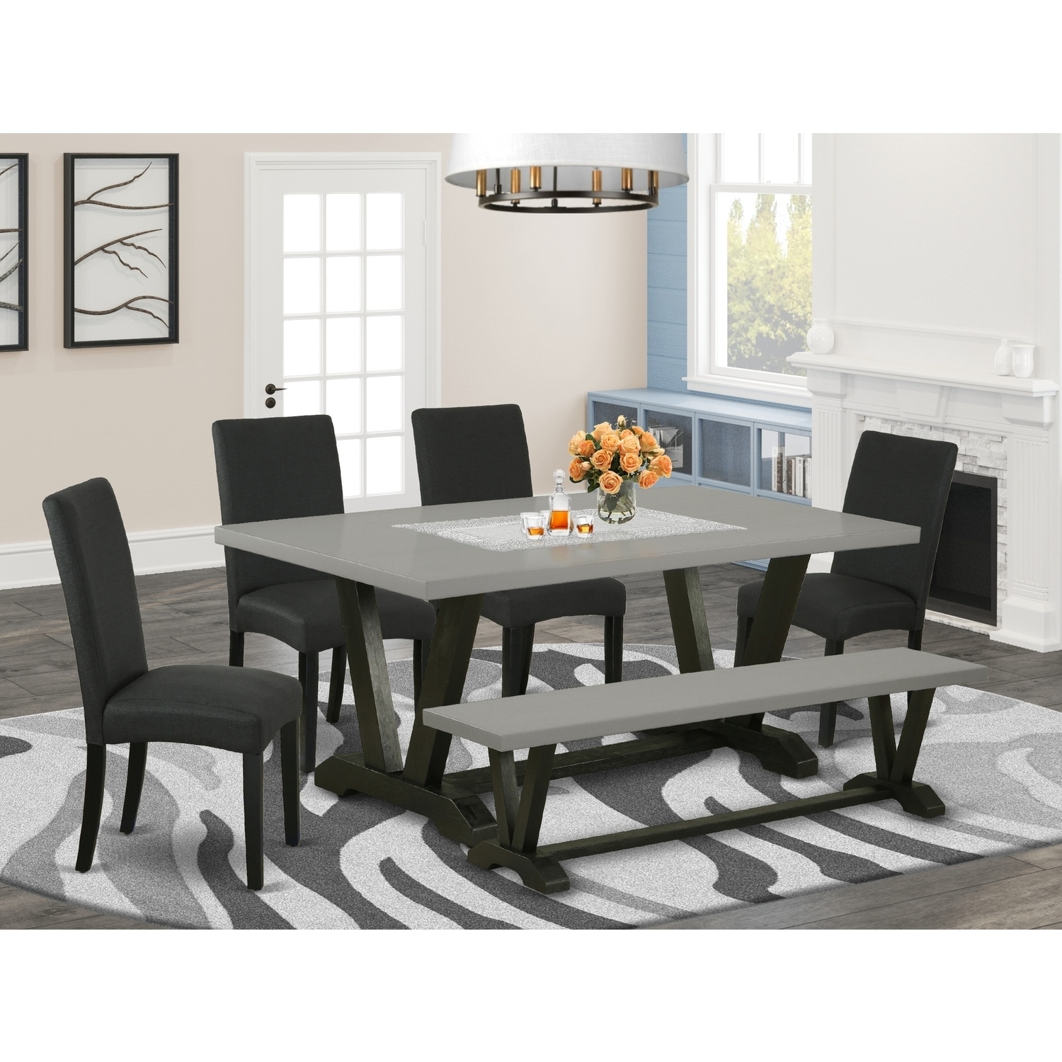 Modern 6-Piece Kitchen Dining Set - Rectangular Table, 4 Chairs, Bench - Black & Cement Finish