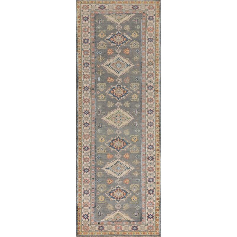 Gray Kazak Runner Rug Hand-Knotted Wool Carpet - 2'7" x 9'7"