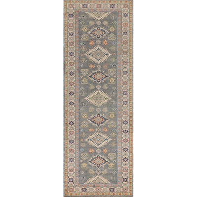 Gray Kazak Runner Rug Hand-Knotted Wool Carpet - 2'7" x 9'7"