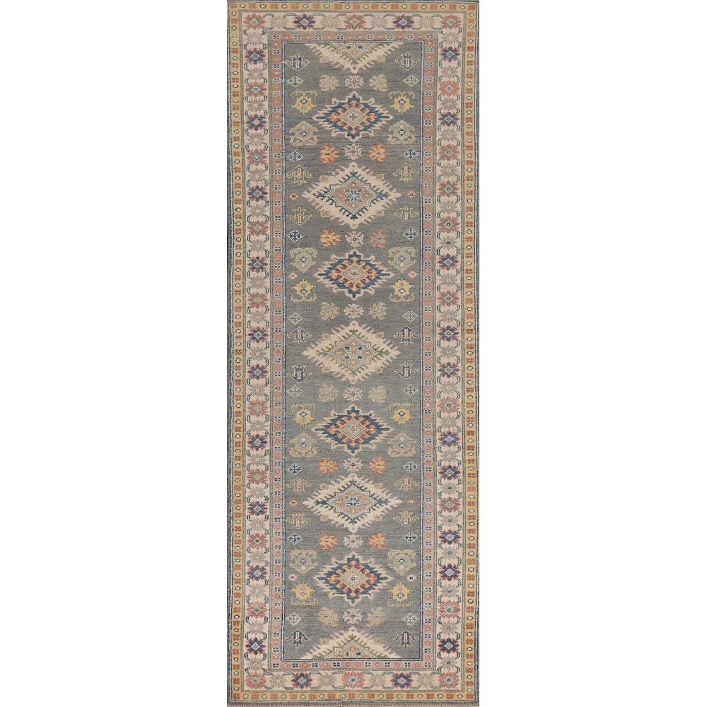 Gray Kazak Runner Rug Hand-Knotted Wool Carpet - 2'7" x 9'7"
