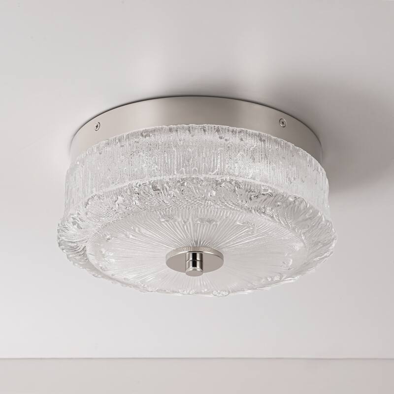 Mid-Century Modern Chrome Dome Round Cage Dimmable Integrated LED Textured Glass Flush Mount Light - Silver
