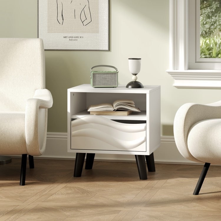 White and Black Nightstand with 3D Wavy Drawer Open Shelf and Tapered Feet