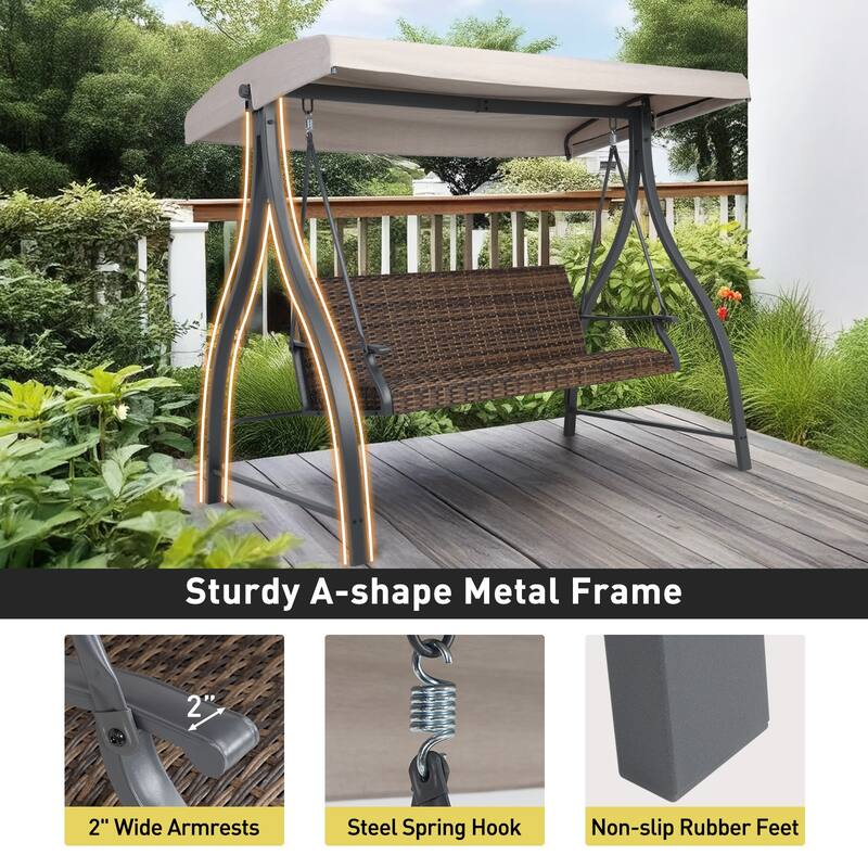 Aoodor 3-Seat Outdoor Rattan Patio Swing with Adjustable Canopy - Stylish Comfort for Your Porch, Garden, and Yard