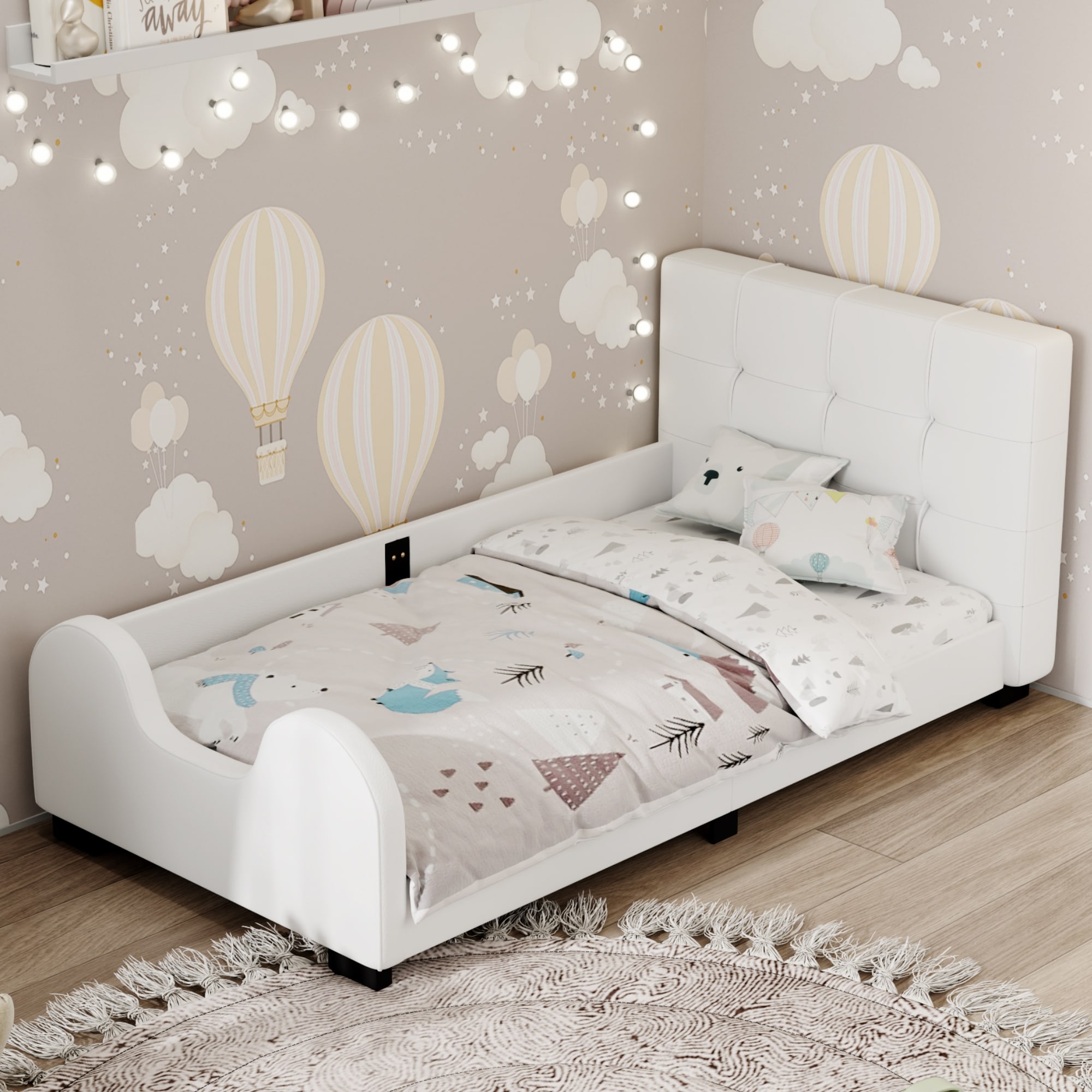 Twin Size Upholstered Platform Bed with Headboard & Guardrail
