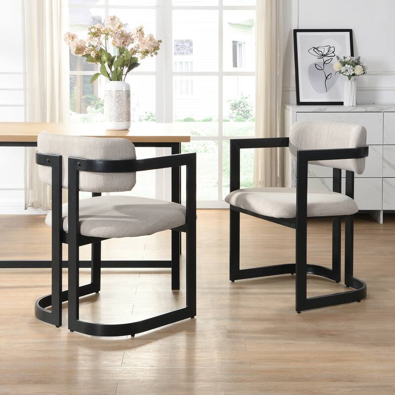 Roomfitters Modern Upholstered Dining Chairs Set of 2, Metal Frame with Beige Fabric Seat, Stylish Accent Armchairs - Black+Beige