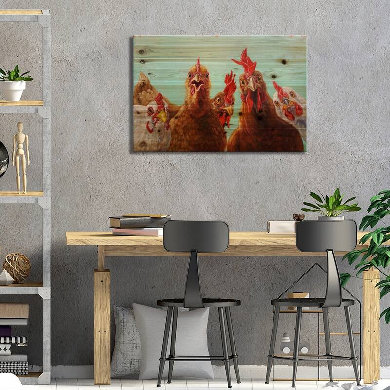 Chicken For Dinner Print On Wood by Lucia Heffernan - Multi-Color