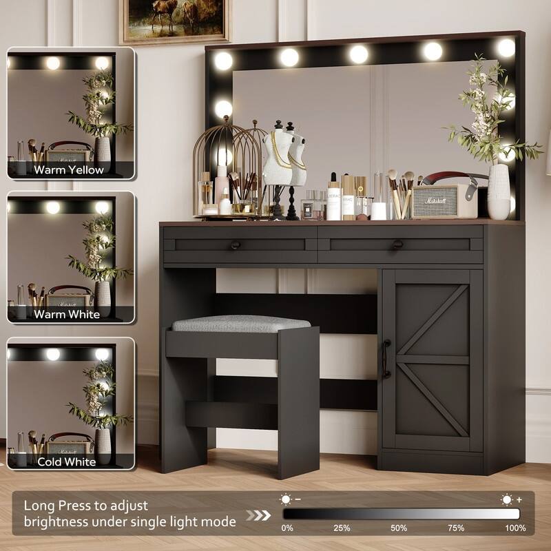 43.4" Modern LED Makeup Vanity Desk with Adjustable Lights, 3 Drawers & Stool - Black
