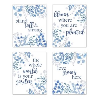 Floral Leaf Wall Decor Art Prints (Set of 4) - Blue Grey White Boho Watercolor Floral Leaf Botanical Woodland Tropical Garden
